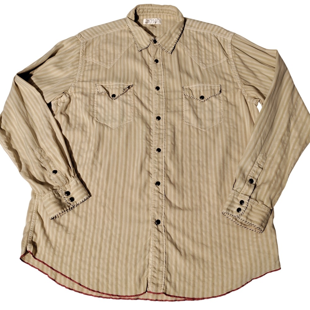 Ryan Michael XL Silk Cotton Yellow Striped Western Pearl Snap Shirt - Imperfect